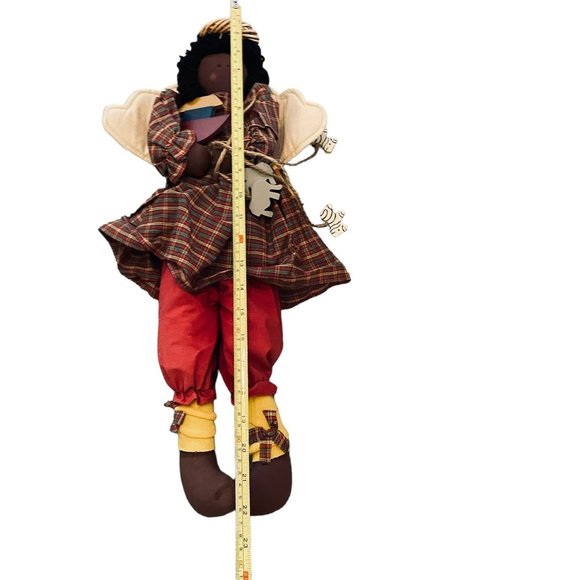 Vintage Hand Made African American Cloth Doll Angel Wood Animal Accents 22" Tall - Picture 7 of 9